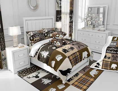 Bear Print Bedding Set Twin Size,Deer Antler Wolf Animals Hunting Adventure Comforter Cover Set for Kids Girls,Lodge Arrow Retro Brown Camper Plaid Bedding Quilt Cover Set Bedroom Decor, 2 Pcs