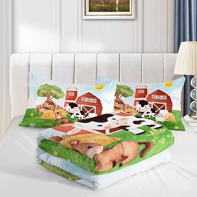 Kids Comforter Set Farm Theme Printed Pattern Bedding Set with 1 Comforter and 2 Pillowcases for Girls Boys Bedroom All Season(Farm Theme03 Queen)