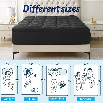 Mattress Topper with Deep Pocket, Extra Thick Pillow Top Mattress Pad, Breathable & Cooling Mattress Cover, Fits 8-21 Inch, Soft Support for Back Pain Relief, Mattress Protector (Queen, Black)