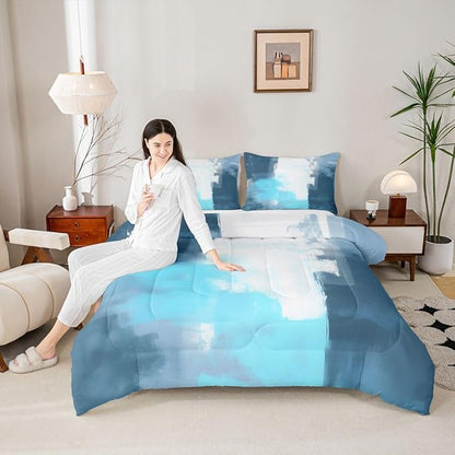 Feelyou Abstract Comforter Modern Abstract Art Comforter Set for Boys Girls Children Teal Blue Grey Pattern Bedding Set Room Decor Full Size Duvet Set 3Pcs