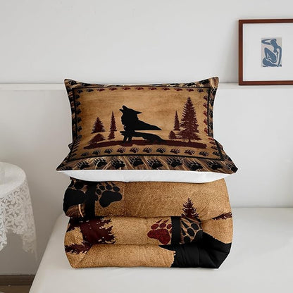 Feelyou Cute Wolf Comforter Set for Girls Boys Kids Wolves Howling Bedding Set Room DecorAnimal Wolves Tree Bedding Set Exotic Brown Black Duvet Set Full Size 3Pcs Quilt Boys