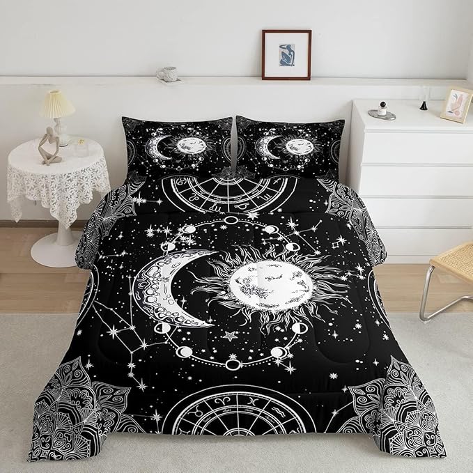 Sun and Moon Bedding Set Constellation Galaxy Comforter Set for Kids Boys Girls Teens Psychedelic Boho Mandala Comforter Breathable Celestial Duvet Set Black White Room Decor Quilt Cover Toddler Size