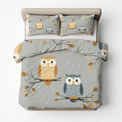 Owl Duvet Cover Queen Size, Kids Boys Girls Bedding Set 3 Pcs (2 Pillow Shams), Super Soft Microfiber Bedroom Decor, Zipper & Ties CSXQ1246