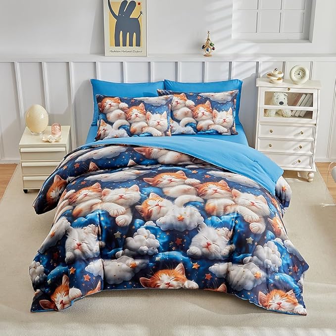 Kids Twin Comforter Set for Boys and Girls, 3 Pieces Cat Comforter with 2 Pillowcases, Microfiber Kitty Twin Bedding Set for Kids Teens Washable Lightweight Super Soft for All Season, Blue