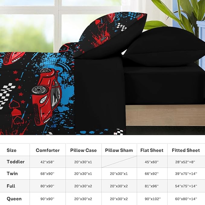 Nesker 7 Pcs Comforter Set Full Size, Red Black Sports Car Bedding for Kids Teen, Auto Race with Fitted Sheet 2 Pillowcases & 2 Shams for Bedroom Bed Decor