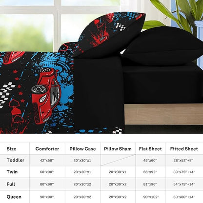 Nesker 5 Pcs Comforter Set Twin Size, Red Black Sports Car Bedding for Kids Teen, Auto Race Bed Sheet with Pillowcase & Sham