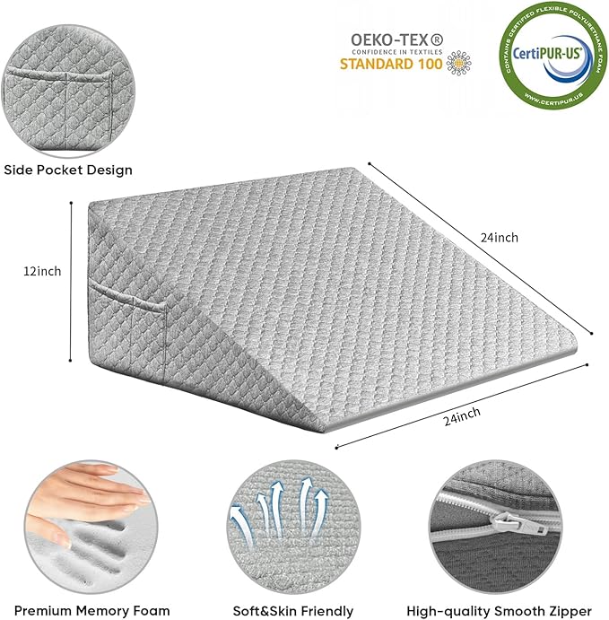 Wedge Pillow, 12 Inch Bed Wedge Pillow for Headboard, Pillow Wedge for Acid Reflux Relief, After Surgery, Sleeping，Back Pain Relief, Memory Foam Top, Darkgrey