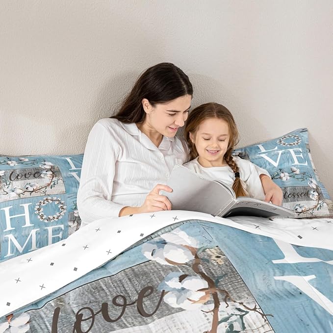 Rustic Farmhouse Bedding Set King Size Blue White Patchwork Wooden Board Comforter Set Cotton Flowers Quilt Set for Kids Women Youth Family Home Decor Botanical Floral Duvet Insert 3pcs