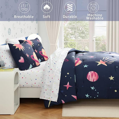 Full Size Comforter Sets Planet, Space Bedding Set for Girls Boys Teen, All Season Kids Bed in a Bag 7 Pieces with Sheets, Pillowcases & Shams