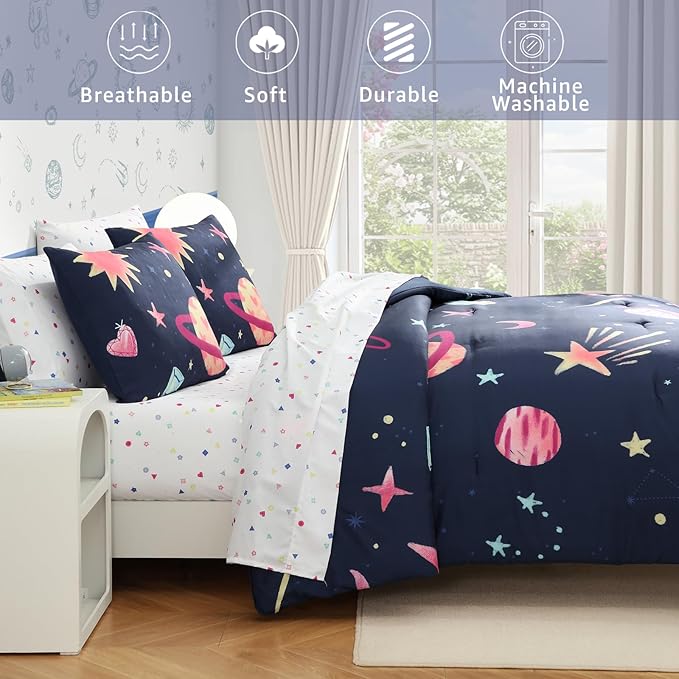 Twin XL Comforter Sets Planet, Space Bedding Set for Girls Boys Teen, All Season Kids Bed in a Bag Dorm 5 Pieces with Sheets, Pillowcase & Sham