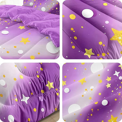 3 Pcs Full Bedding Sets for Girls, Purple Glitter Rainbow Full Size Bed Set, Stars Galaxy Bedding Comforter Set for Girls