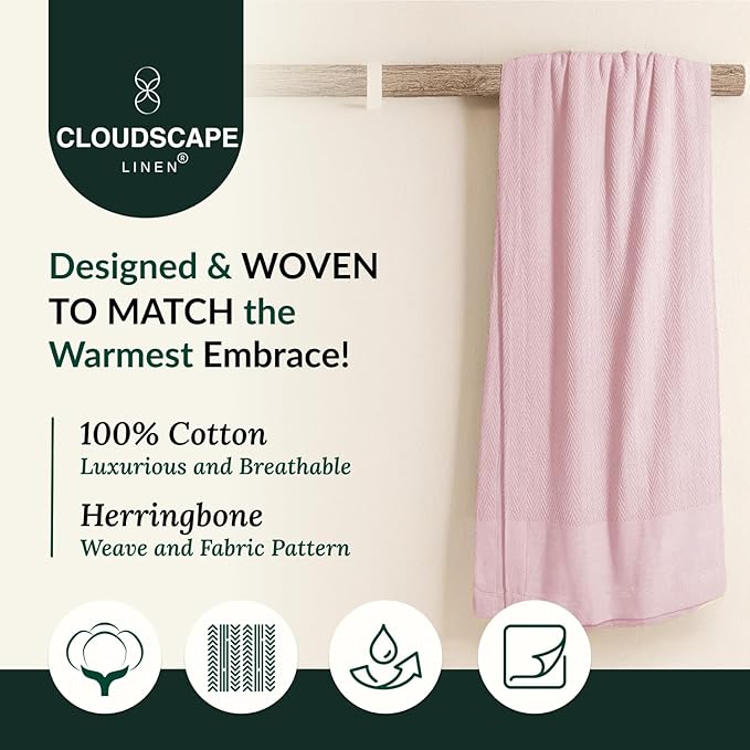 Cloud Scape Linen Herringbone Cotton Twin Blanket for Couch, Bed,Sofa, Home Decor, Soft, Weighted, All-Season, Winter Bed Blanket, Best Gift Idea, 68 x92, Seashell Pink