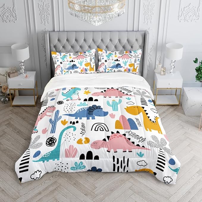 Cartoon Dinosaur Rainbow Comforter Set Queen 3Pc Kawaii Dinosaur Bedding Set All Season with Cactus, Coconut Tree Decoration Includes 1 Comforter, 2 Pillowcases for Kids Girls Teens