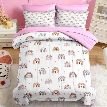 Nesker 7 Pcs Comforter Set Queen Size, Trendy Rainbows Bedding for Kids Teen, Pink Boho with Fitted Sheet 2 Pillowcases & 2 Shams for Bedroom Bed Decor