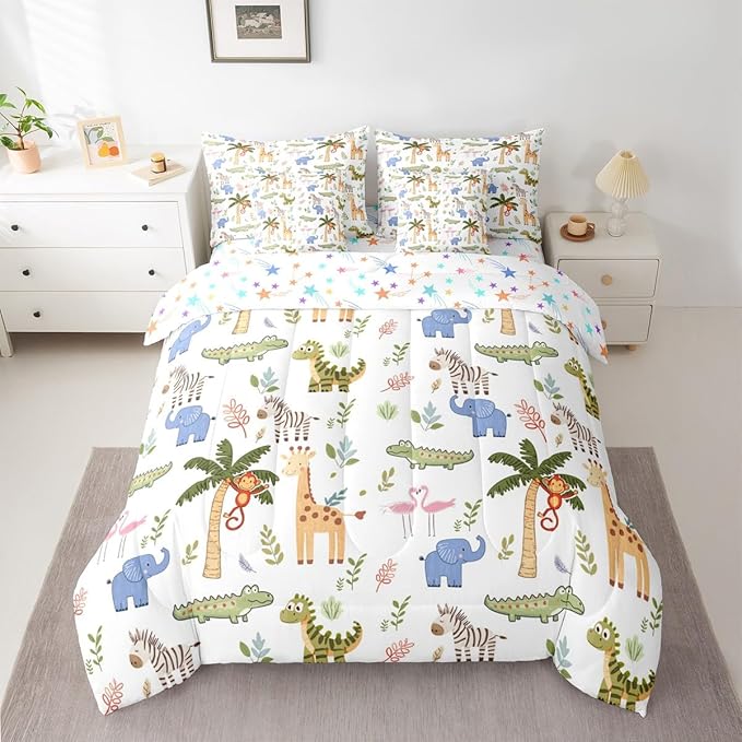 Feelyou Kids Zoo Animals 7 Piece Bedding Set Cute Giraffe Elephant Crocodile Comforter Set with Sheets for Kids Boys Girls Plants Printed Bed in a Bag Animal Theme Bed Set Soft Lightweight