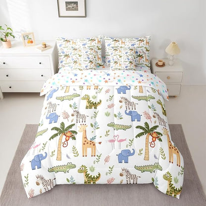 Feelyou Kids Zoo Animals 7 Piece Bedding Set Cute Giraffe Elephant Crocodile Comforter Set with Sheets for Kids Boys Girls Plants Printed Bed in a Bag Animal Theme Bed Set Soft Lightweight