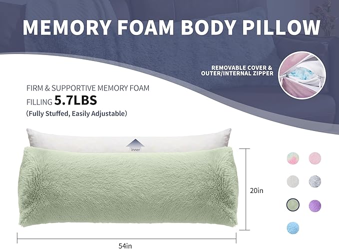 Large Memory Foam Body Pillow with Removable Long Firm 20x54 Body Pillow Cases for Bed Green Pregnancy Custom Body Pillows Snuggles Pillows Body Machine Washable