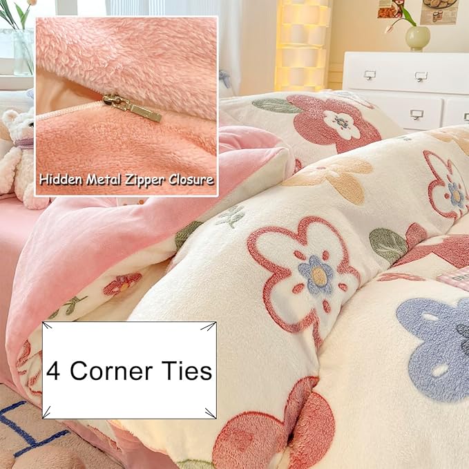 Pink Duvet Cover Queen, Floral Bedding Sets, Ultra Soft Fluffy Comforter Covers Kawaii Cute Bedding Sets for Girl Kids (Flower, Queen)