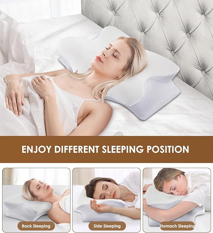 Cervical Pillow for Neck Pain Relief - Cooling Memory Foam Neck Pillows for Sleeping, Ergonomic Neck Support Pillow for Side Back Stomach Sleeper with Washable Pillowcase & 2 Different Heights