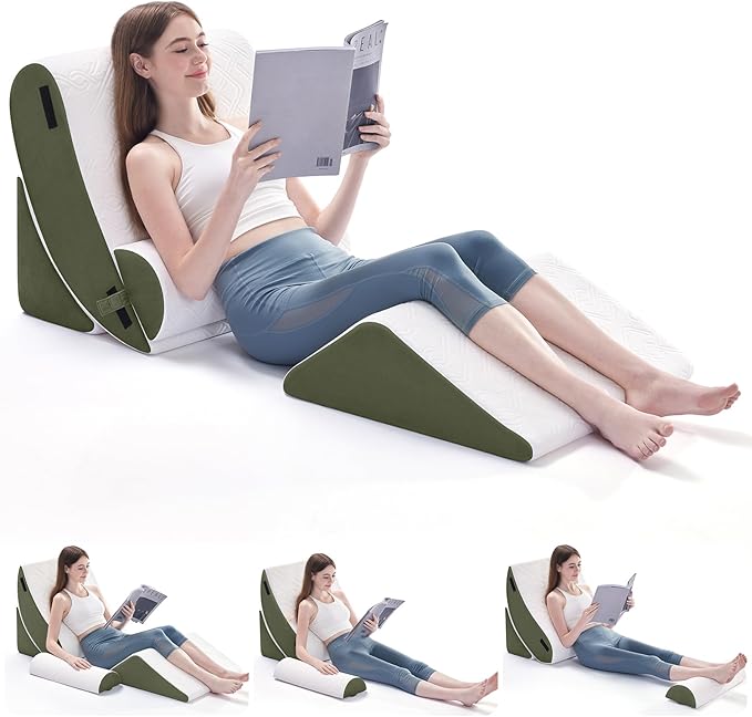 Wedge Pillow Set for After Surgery, 4 PCS Bed Wedge Pillow for Sleeping, Memory Foam Orthopedic Back Pillow for Pain Relief and Acid Reflux, Adjustable Post Surgery Pillow Green
