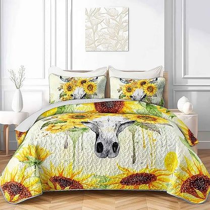 AILONEN Bull Skull Quilt Set Full Size,Yellow Sunflower Bedspread Coverlet with 2 Pillowcases,3-Piece Soft Lightweight Boho Bed Cover