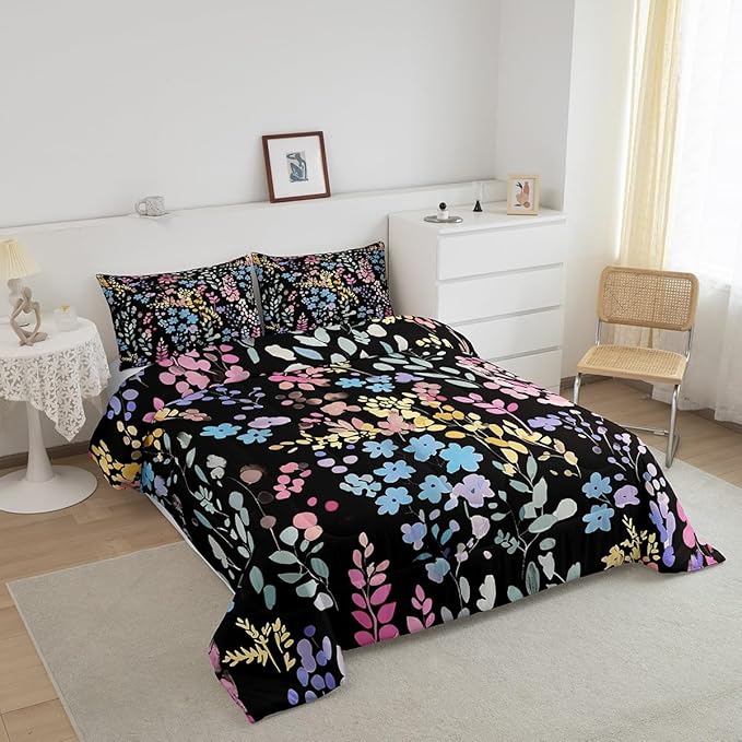 Erosebridal Colorful Flower Full Bedding Set for Girls Boys Kids,Cute Rainbow Floral Comforter Set Bohemian Home Decor,Watercolor Wildflower Quilt Bed Set Country Flowers Bed Comforter Set 3Pcs