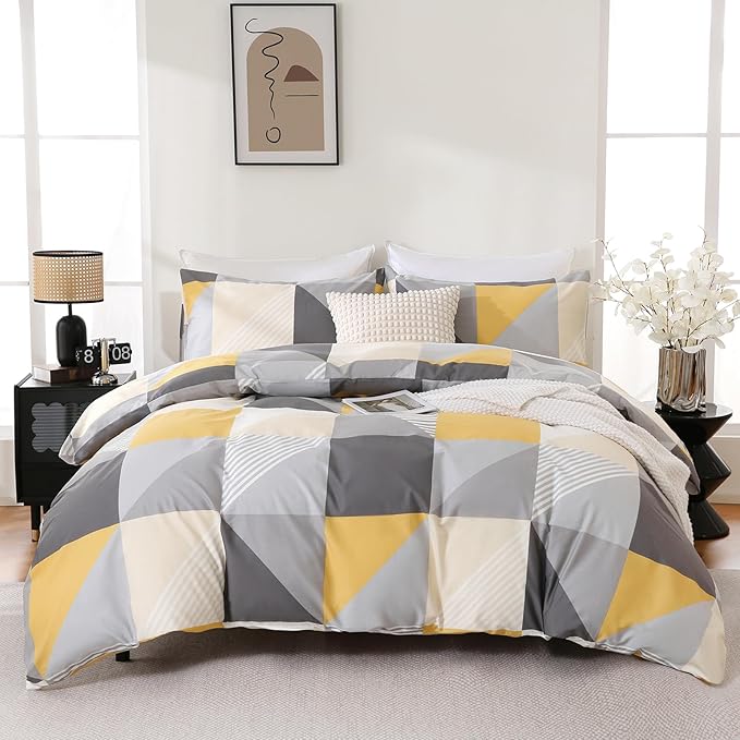 Yellow and Grey Duvet Cover Set King Size, 100% Natural Cotton Geometric Duvet Cover 3 Piece Soft Breathable Bedding Set for All Seasons
