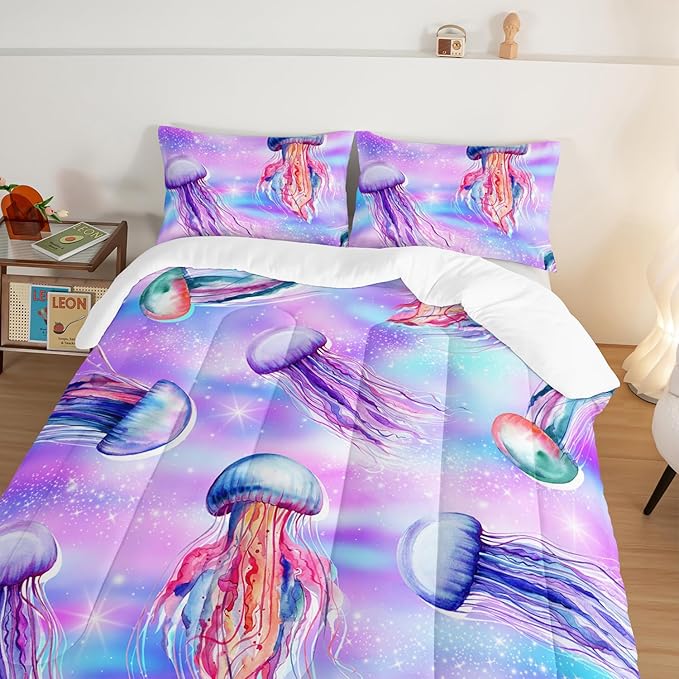 Kawaii Bedding Color Jellyfish Comforter Set King Size,Rainbow Flash Pattern Comforter for Teens Kids Girls Room Decor,Marine Animal Theme Beach Bedding Set with 2 Pillowcases.