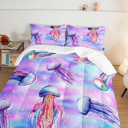 Kawaii Bedding Color Jellyfish Comforter Set Full Size,Rainbow Flash Pattern Comforter for Teens Kids Girls Room Decor,Marine Animal Theme Beach Bedding Set with 2 Pillowcases.