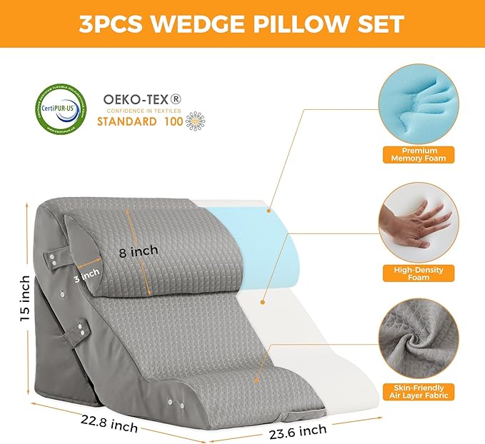 3PCS Wedge Pillow Set for After Surgery, 10-in-1 Adjustable Wedge Pillow for Acid Reflux Relief, Bed Wedge Pillows for Sleeping, Snoring & Back Pain Relief, Sit up Pillow for Bed, Grey