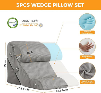 3PCS Wedge Pillow Set for After Surgery, 10-in-1 Adjustable Wedge Pillow for Acid Reflux Relief, Bed Wedge Pillows for Sleeping, Snoring & Back Pain Relief, Sit up Pillow for Bed, Grey