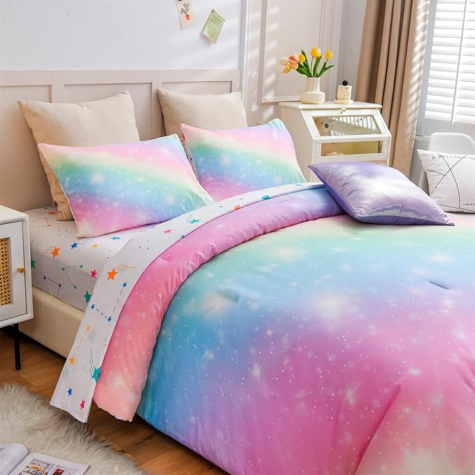 A Nice Night 6Pcs Gradient Glitter Bedding Set for Girls Full Size, Colorful Rainbow Galaxy Comforter Set, Ultra Soft Bedding Sets, Pink