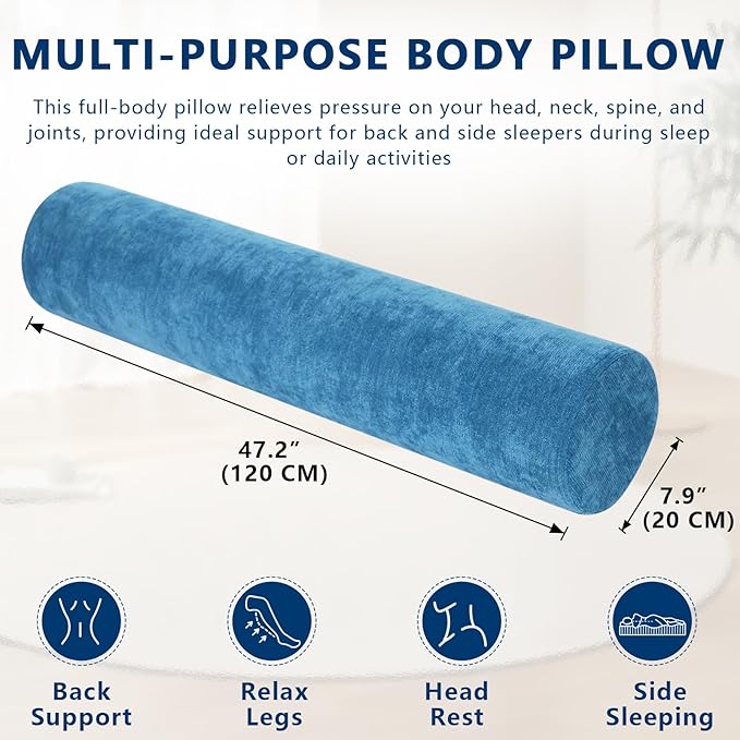 Body Pillow for Adults, Long Full Body Pillow for Side Sleepers and Pregnancy Support, High Resilience Cylindrical Bolster Pillow with Removable Washable Cover (47"x7.9", Cendre Blue)