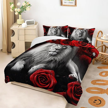 Wild Lion Comforter Set Twin Size, 3Pcs Animal Lion and Red Rose Bedding Set for Women and Adults, Cheetah Soft Comforter Set for Bedroom Bed Decor, 1 Comforter+ 2 Pillowcases.