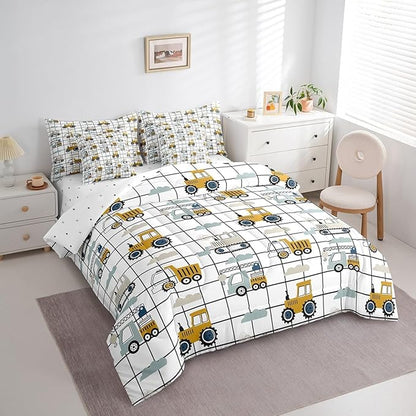 Feelyou Construction Truck Comforter Set with Sheets 7 Piece Twin Size Kids Machinery Truck Excavators Vehicles Bedding Set Cartoon Tractor Bed in a Bag Excavator Tractor Plaid Grid White Bed Set