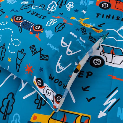 NTBED 5 Pieces Racing Cars Comforter Set Full for Boys Kids Bed in a Bag Vehicles Transportation Lightweight Microfiber Bedding Sets,Blue