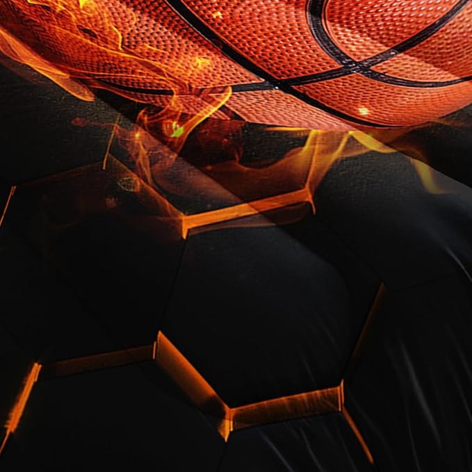 Basketball Bedding Set Queen Size,Black Honeycomb Background Comforter Flame Basketball Print Bedding Set for Boys Girls Bedroom Decor,Sports Themed Sets Comforter with 2 Pillowcases.