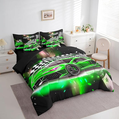 Feelyou Green Racing Car 7 Piece Bedding Set King Size Extreme Sport Comforter Set with Sheets for Kids Boys Girls Teens Toddler Fast and Furious Bed in a Bag Black White Flag Bed Set