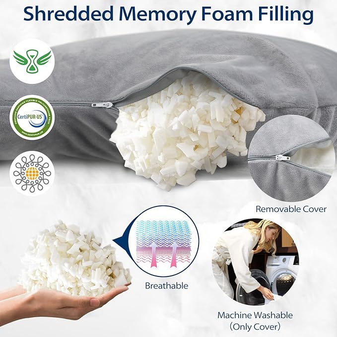 HOMCA Body Pillows for Adults with Shredded Memory Foam, 65 inches Long Side Sleeper Pillow Full Body Pregnancy Pillows for Sleeping with Washable Pillowcase for Back, Hip, Knee, and Leg Relief