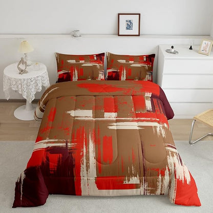 Feelyou Abstract Bedding Set Kids Modern Abstract Art Comforter Set Brown Orange Comforter for Boys Room Decor Lightweight Retro Duvet Set Toddler Size with 1 Pillow Case