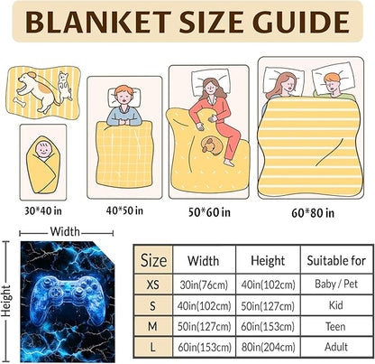 Boys Throw Blanket Gamer Blanket for Boys Teen Gift for Game Lovers, Cool Blue Cozy Soft Flannel 80 x 60 Inches Throws for Sofa Office Trip Garden