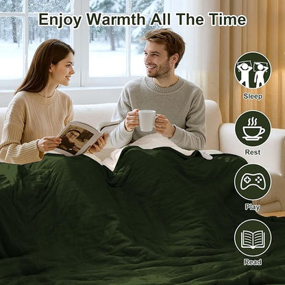 King Heated Blanket Dual Control - 100 X 90 Inch Washable Electric Blanket with 5 Heating Levels, 10 Hours Auto Off, ETL Certified, Soft Flannel Sherpa Heating Blankets for Bed, Green