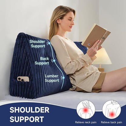 Z-hom Full Headboard Pillow, Triangular Wedge Reading Pillow for Bed or Sofa, Ergonomic Backrest Cushion for Sitting Up, Reading or Relaxing, with Side Pocket，Removable Washable Cover,Blue