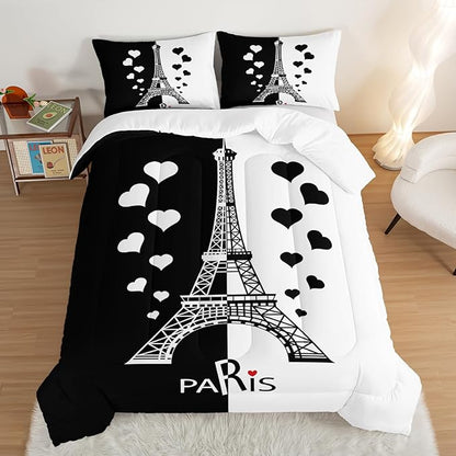 HOSIMA Black and White Stitching Love Heart Paris Bedroom Comforter Set,Eiffel Tower Modern French Style Bedroom Decor,Romantic Sweet Couple Queen Size Comforter with 2 Pillow Cases.