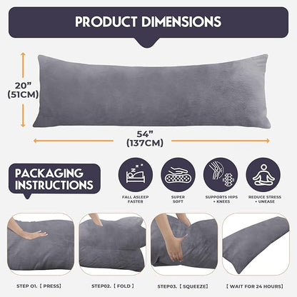 Body Pillow for Adults with Removable Pillowcase，Memory Foam Full Body Pillows for Side Sleepers, Back Pain, Pregnancy, Large Long Pillow Fluffy with Cover for Bed,20x54 Inch, Grey