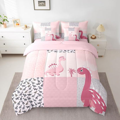 Feelyou Cute Dinosaur 7 Piece Bedding Set Pink Dinosaur Comforter Set with Sheets Queen Size for Kids Boys Girls Geometric Pattern Bed in a Bag Animal Theme Bed Set Soft Lightweight