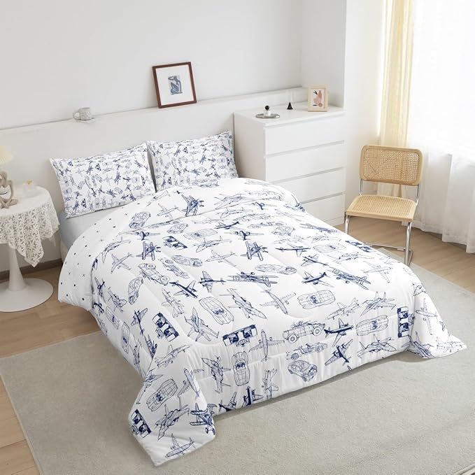 Feelyou Aircraft Bedding Set Kids Airplane Print Comforter Set Boys Girls Decor Aircraft Flying Comforter Cover Set Microfiber Sketch Style Blue White Duvet Set Bedroom Twin Size with 1 Pillow Case