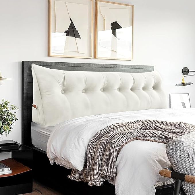 Headboard Wedge Pillow Large Bolster Triangle Reading Pillow King Size Bed Rest Back Support Pillow for Sitting up in Bed Daybed Couch Backrest Cushion Velvet Off-White