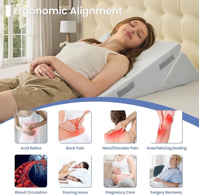 Sasttie Wedge Pillow for After Surgery, Adjustable Bed Wedge Pillow Headboard for Acid Reflux, Sleeping, Neck & Back Support, with Removable Cover, Light Grey & White