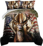HOSIMA Hunting Bedding Sets 3Pcs Deer Comforter with 2 Pillowcases,Western Farmhouse Animal Hunting Stars Stripes USA Flag Full Size Comforter for Teen Boys Mens Bedroom Essentials RV Inside Decor.
